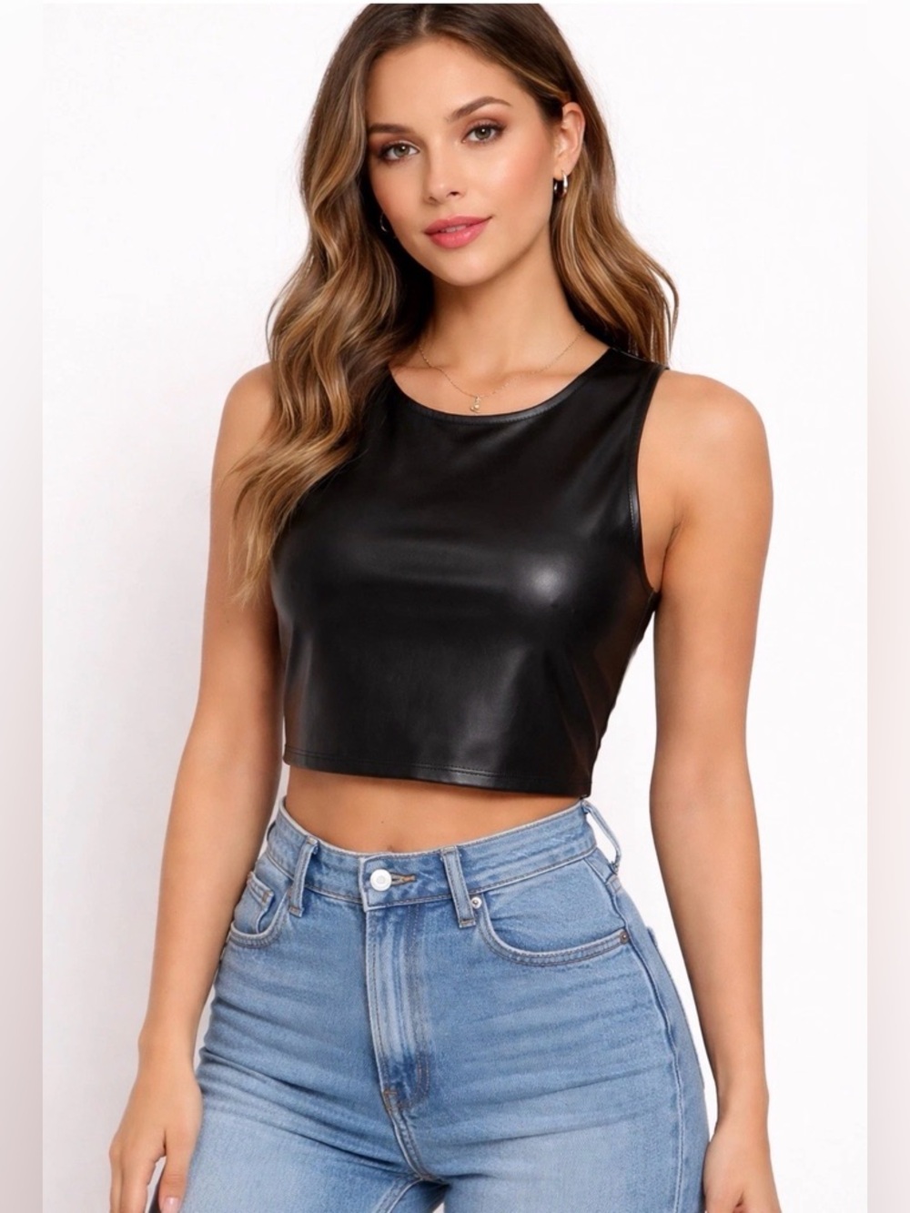 Sleek Black Faux Leather Tank Top